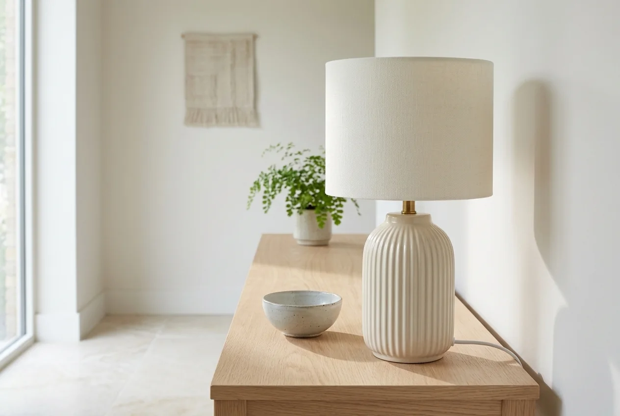 The same lamp styled on a console table in daylight