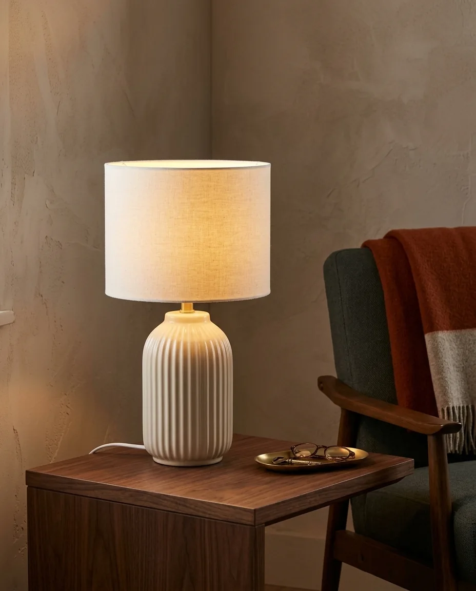 A ceramic table lamp lit in a room corner
