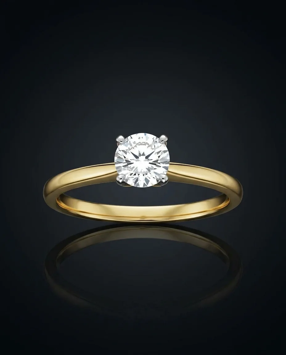 A solitaire ring lit against a dark background