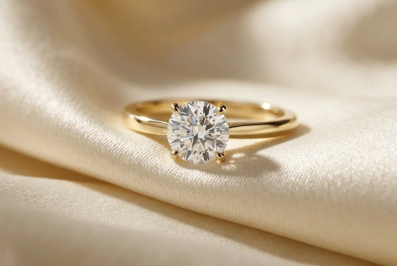 The same ring resting on folded ivory silk