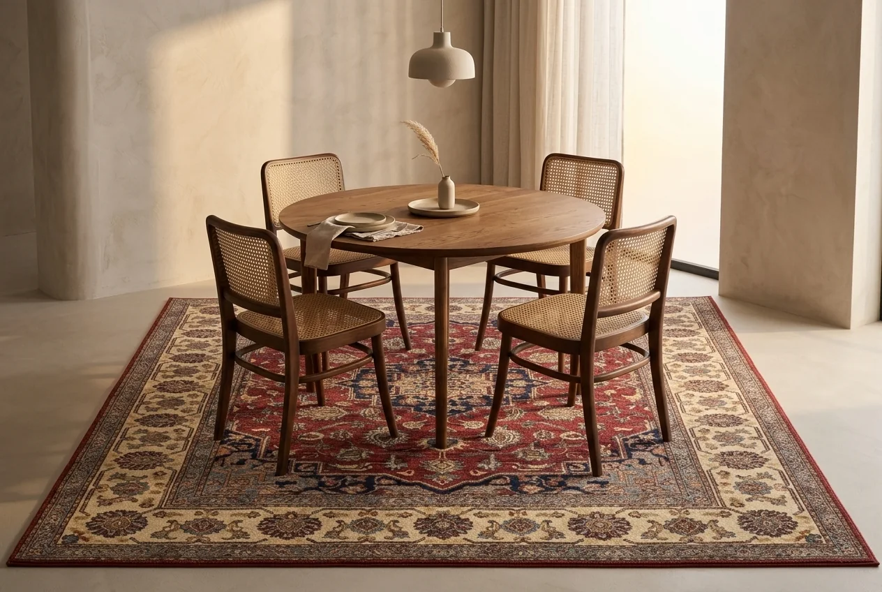 A rug under a round dining table