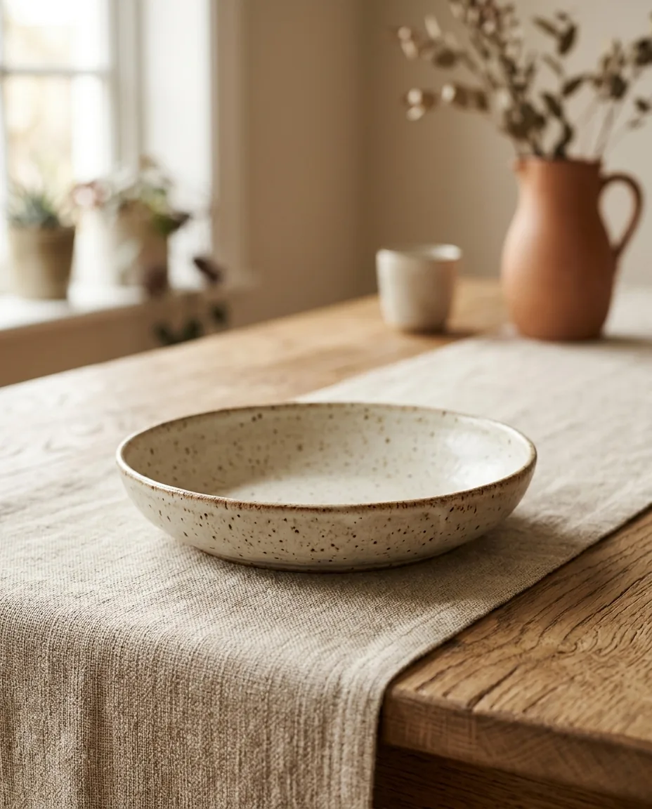 A stoneware bowl on a dining table