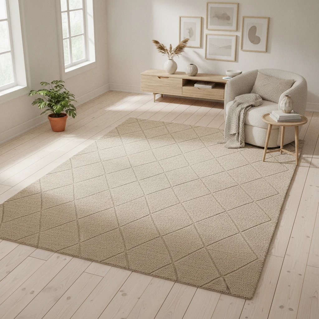 A Berber style rug shown at true scale in a living room
