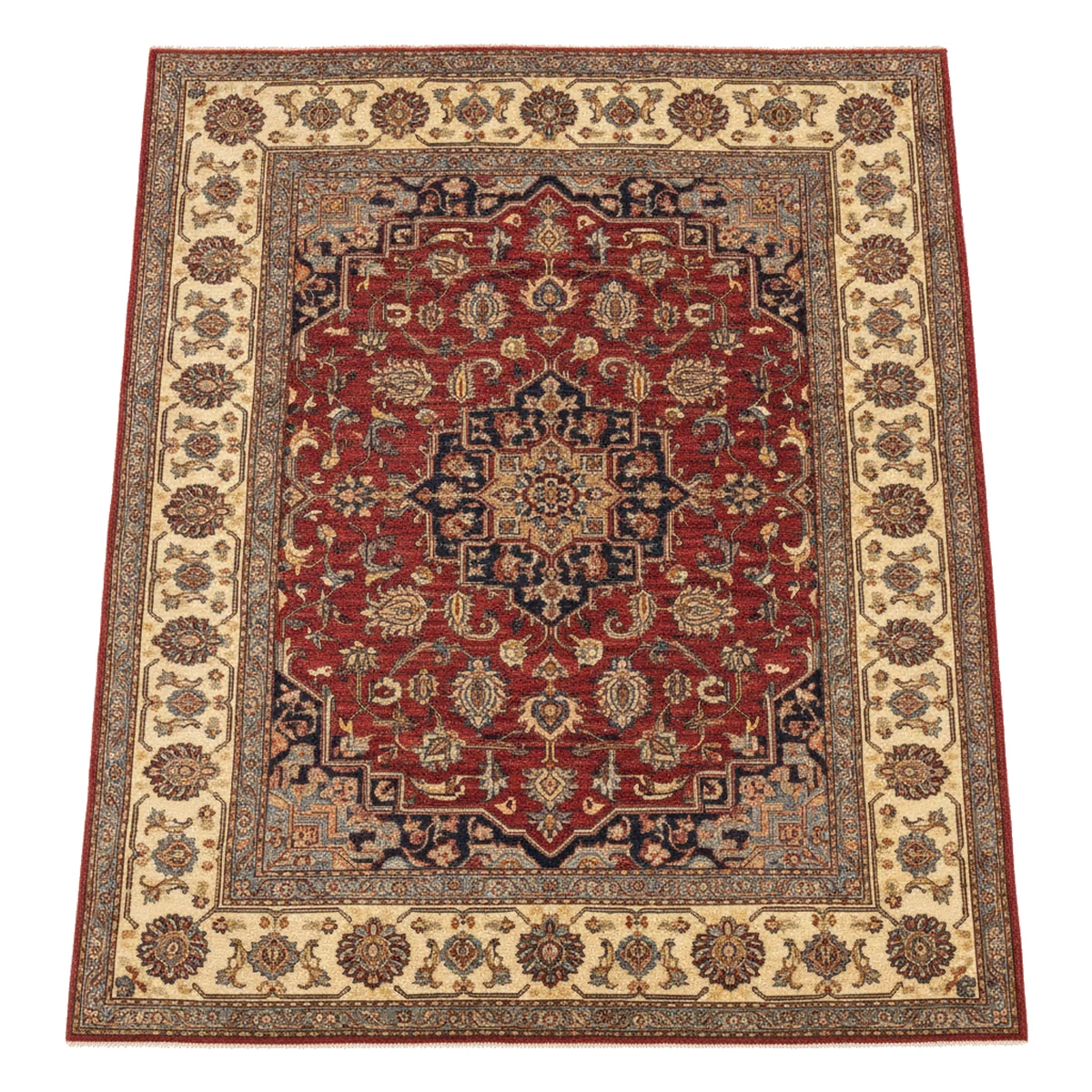 The source photo of a red medallion rug on a plain background