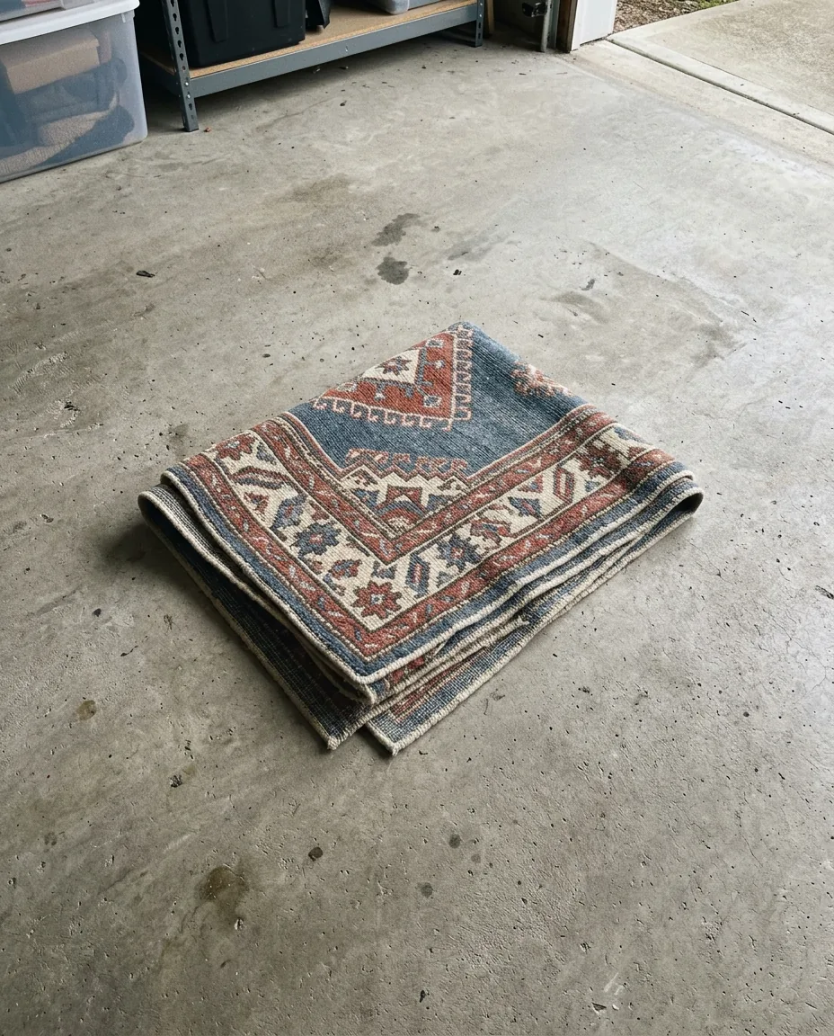 A plain phone photo of a folded rug on a warehouse floor